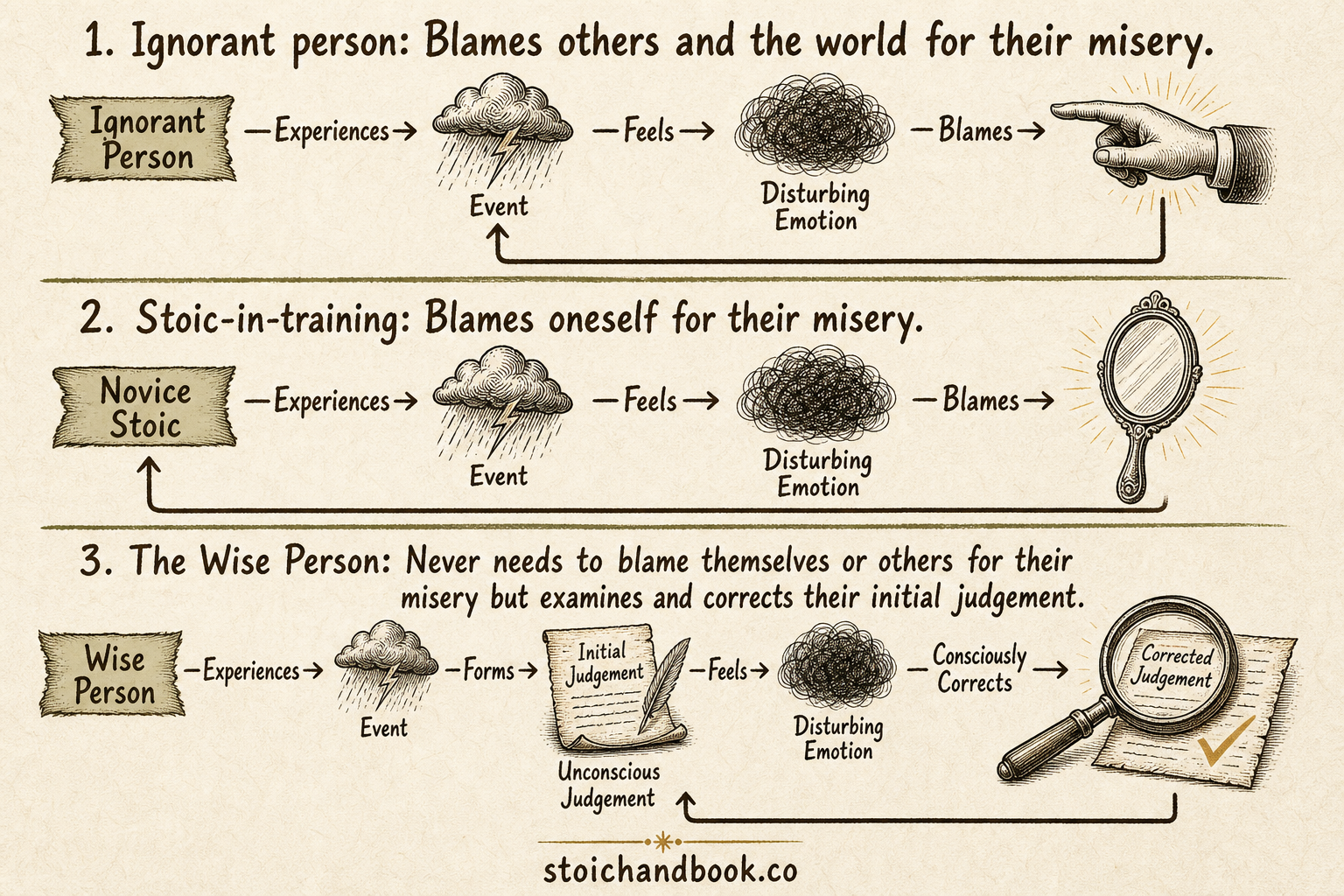 Diagram of the three levels of interpretation: the ignorant person blames the event, the novice Stoic blames themselves, and the wise person consciously corrects their judgement