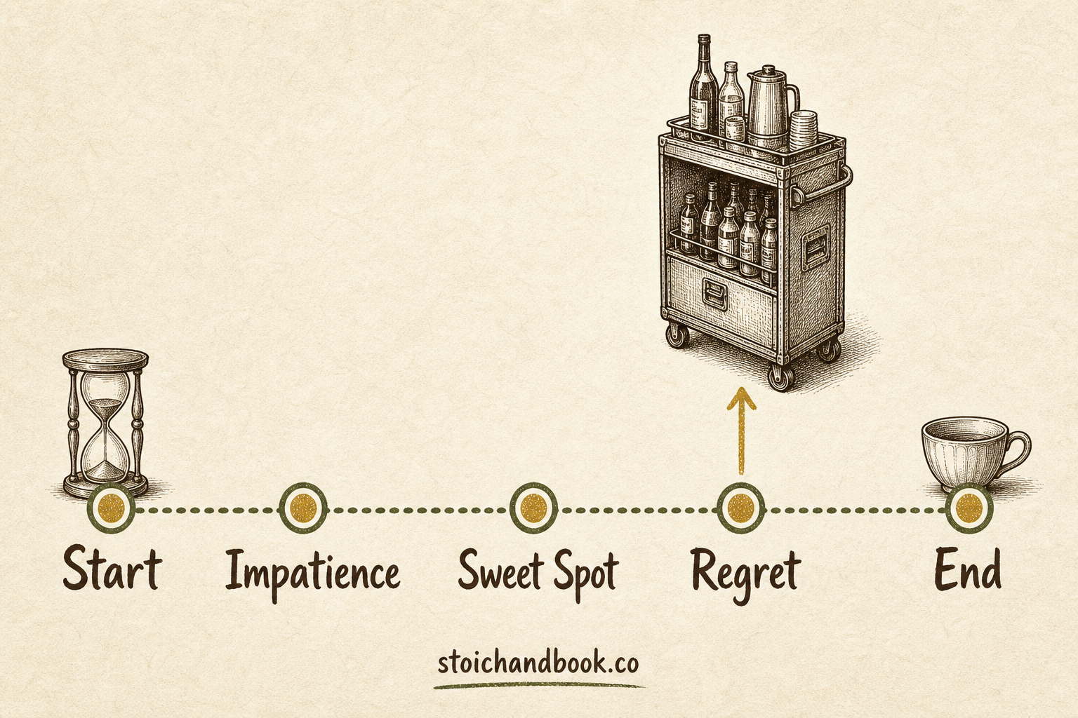 Flowchart from Start through Impatience, Sweet Spot and Regret to End, with a flight attendant serving food on a plane