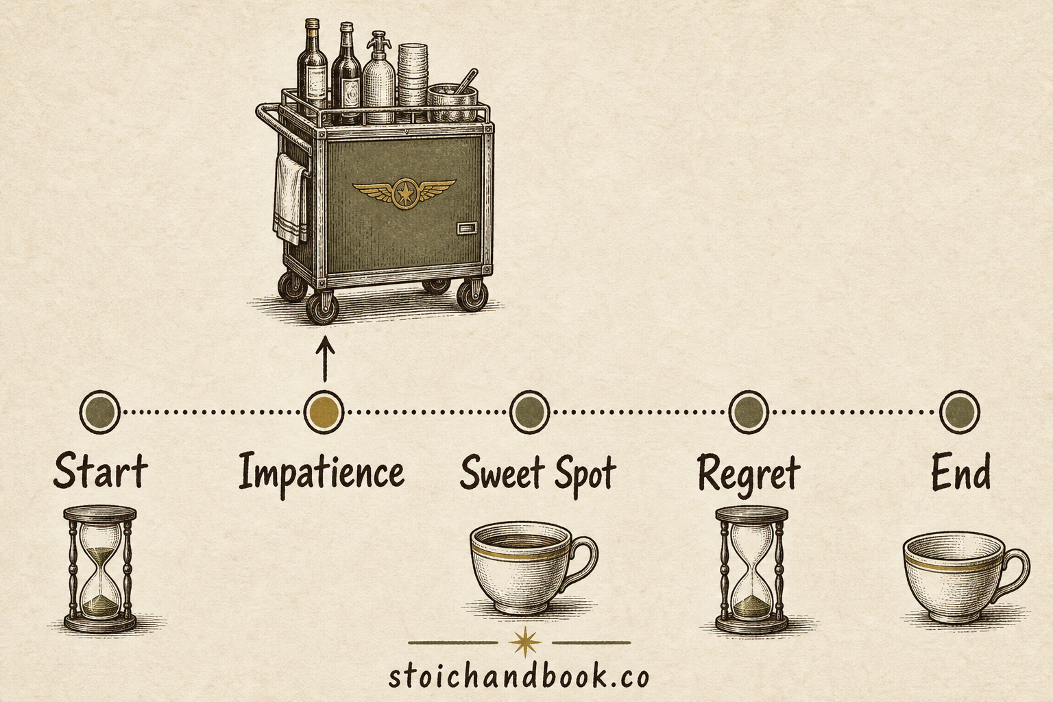 The same moderation flowchart with the marker at Impatience, waiting for the airplane food cart