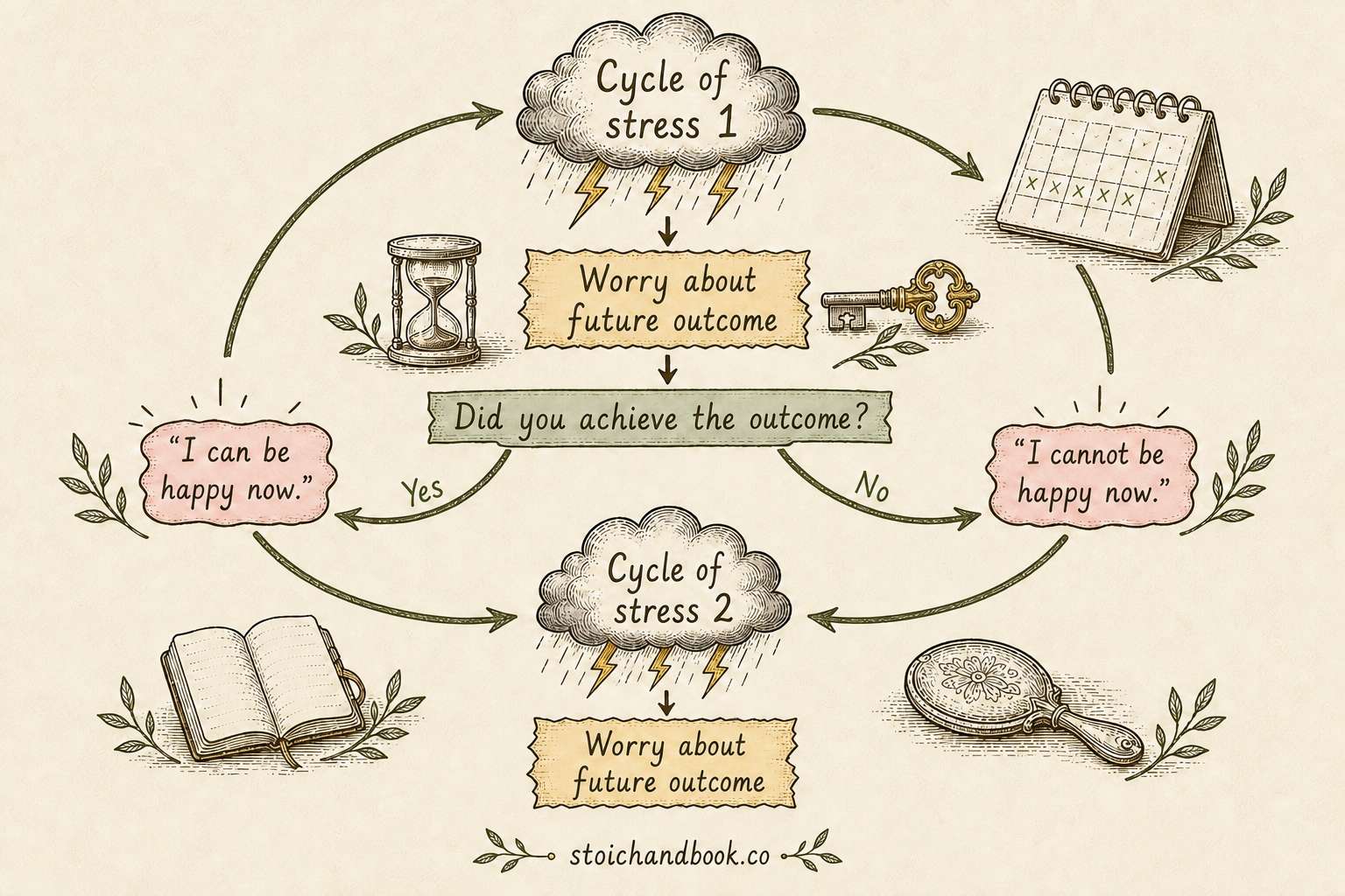 Flowchart of the cycle of stress: worry about a future outcome, then whether or not you achieve it, worry again