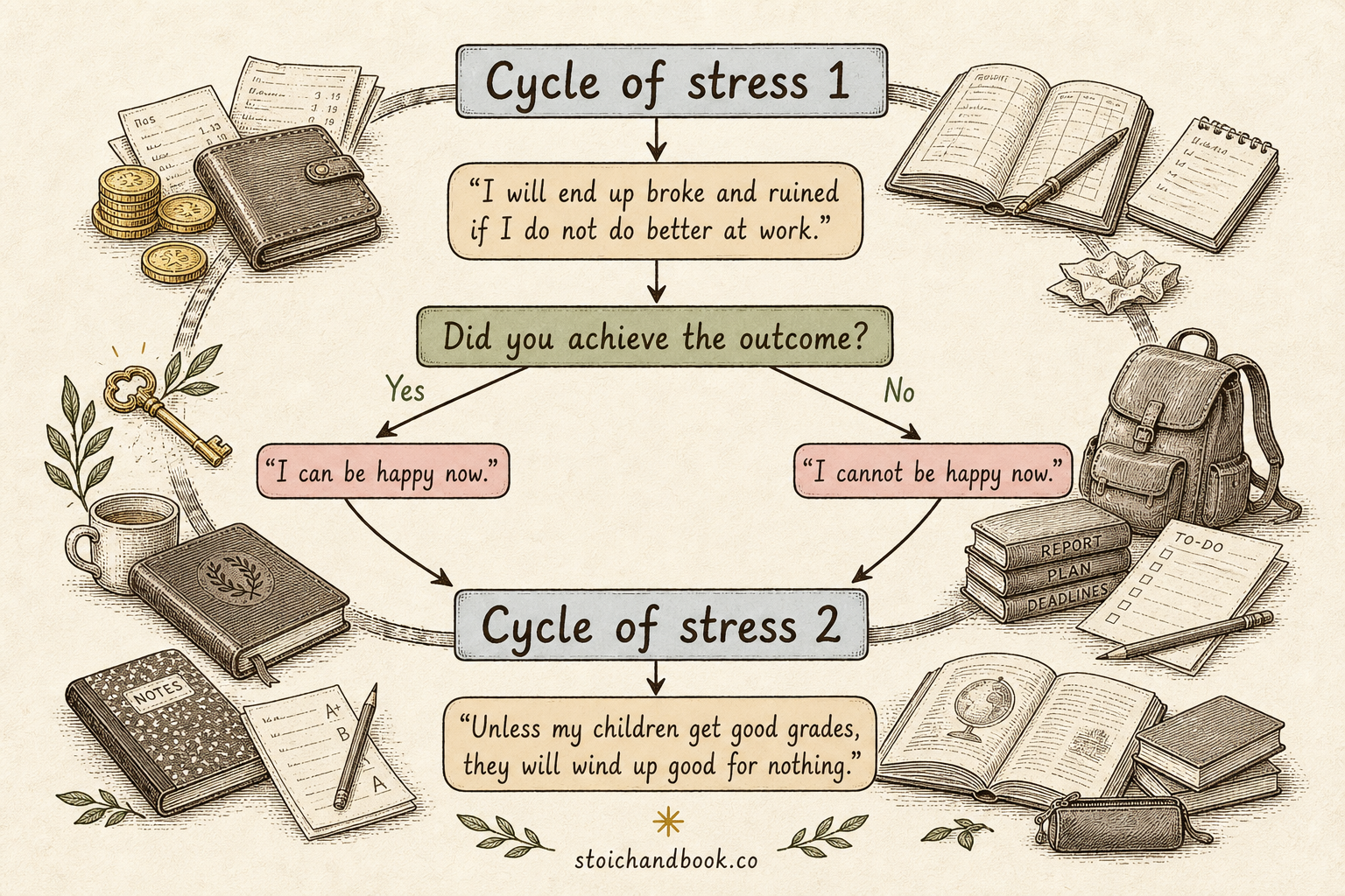 Flowchart of the stress cycle applied to worries about work and children's grades