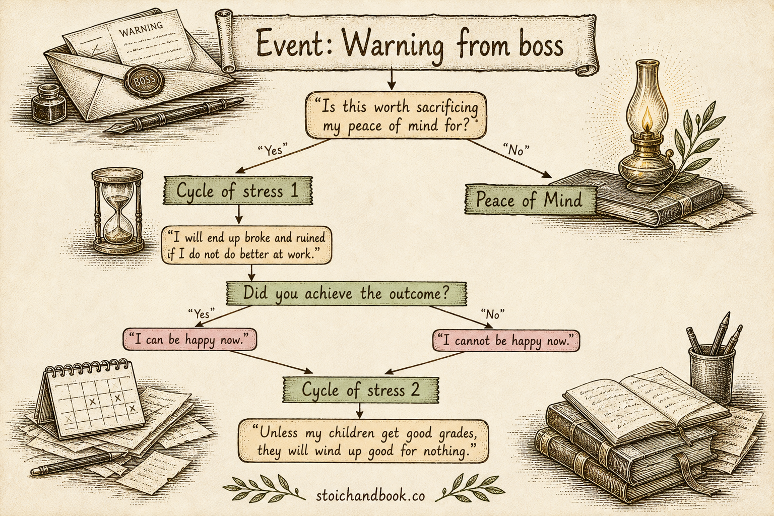 Flowchart: after a warning from your boss, choosing between the cycle of stress or peace of mind