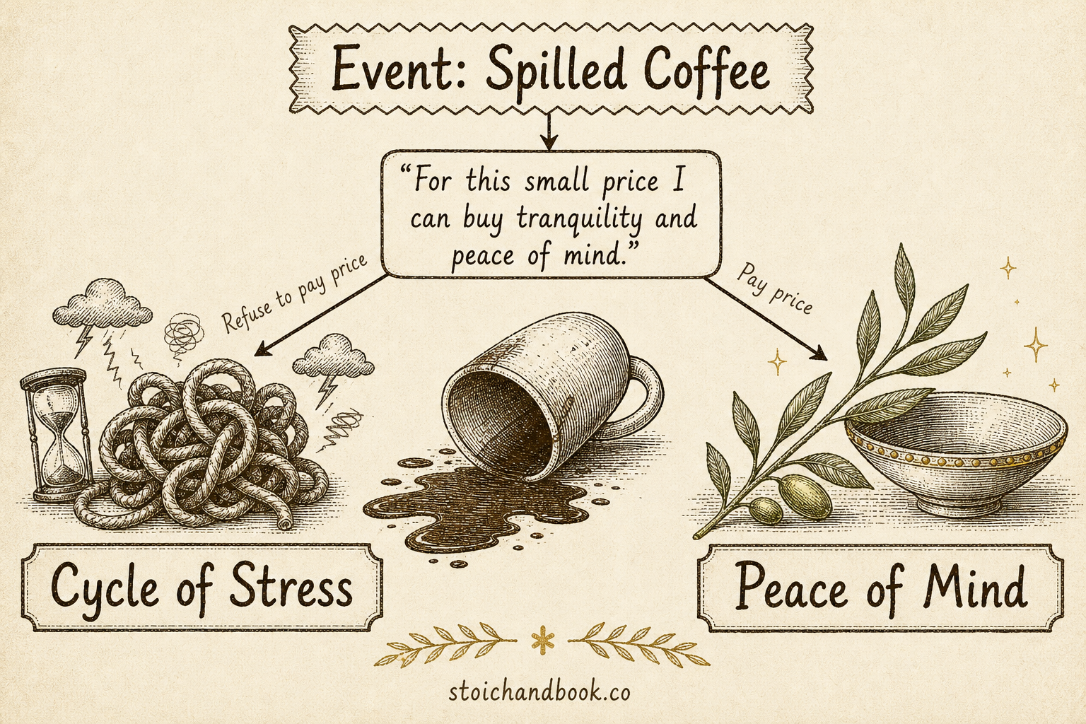 Flowchart: reframing a spilled coffee as a small price for tranquility, choosing peace of mind over the cycle of stress