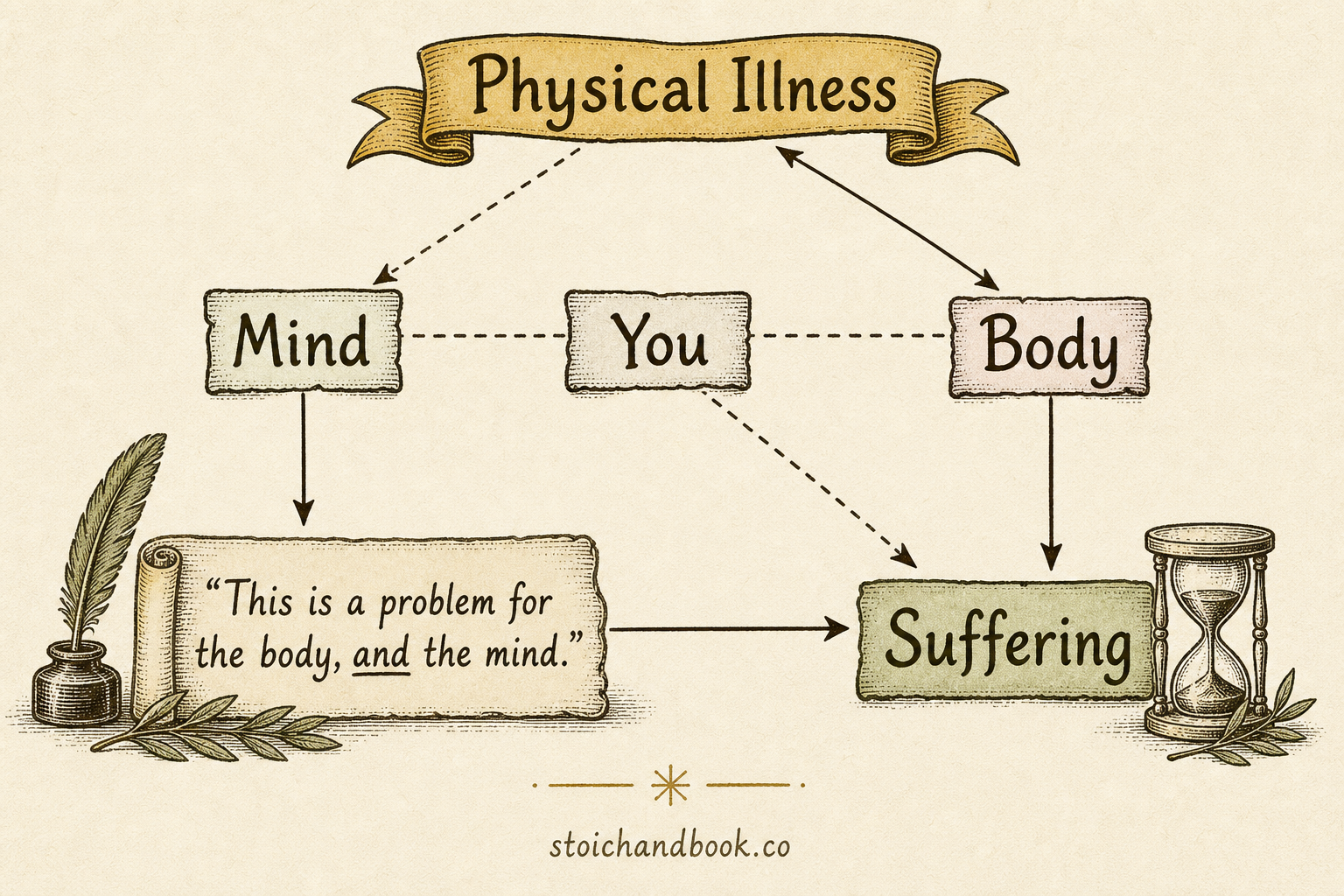 Flowchart: physical illness affects the body, but the mind judging it a problem too is what creates suffering