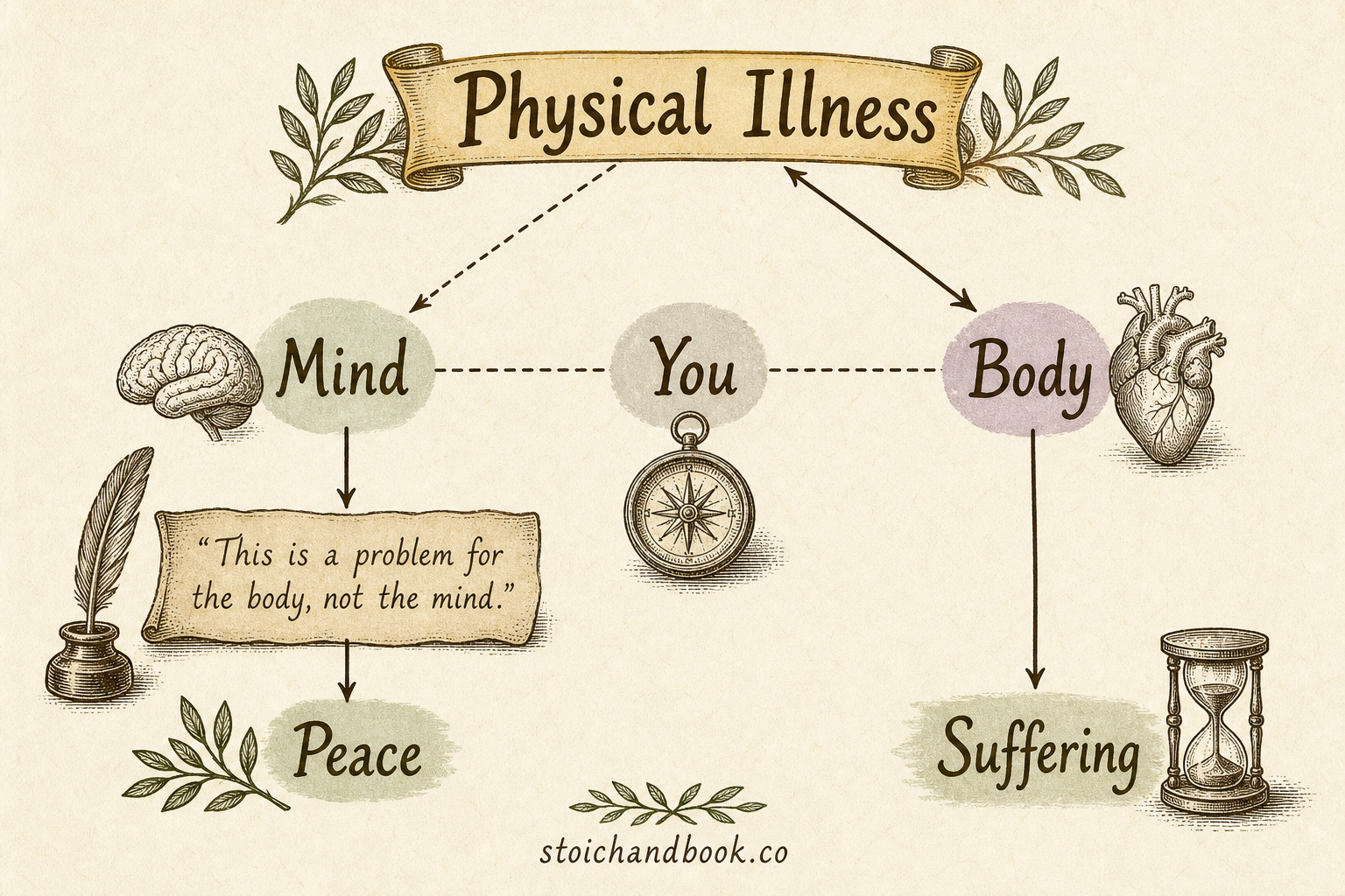 Flowchart: when the mind judges illness a problem for the body only, the result is peace instead of suffering