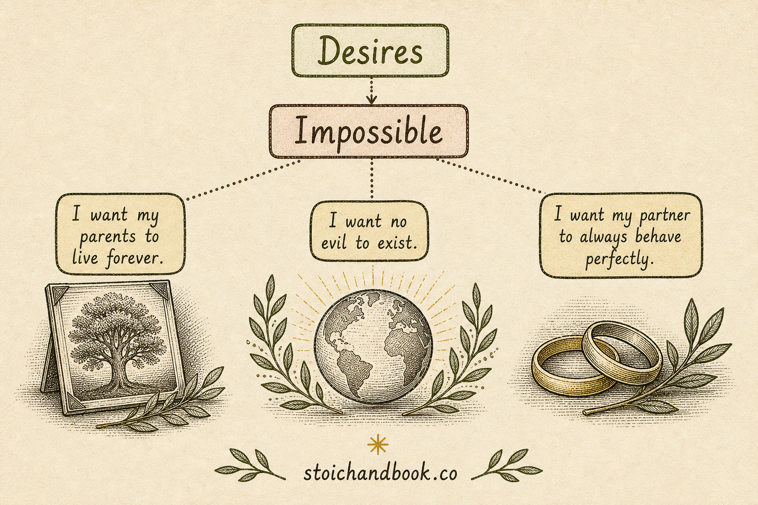Flowchart of impossible desires: wanting parents to live forever, a partner to behave perfectly, or no evil to exist