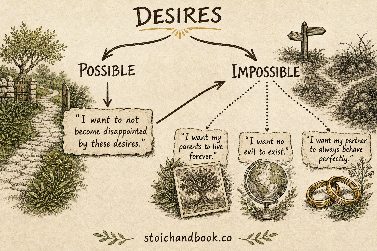 Flowchart sorting desires into possible and impossible, with the possible desire being to stop being disappointed by them