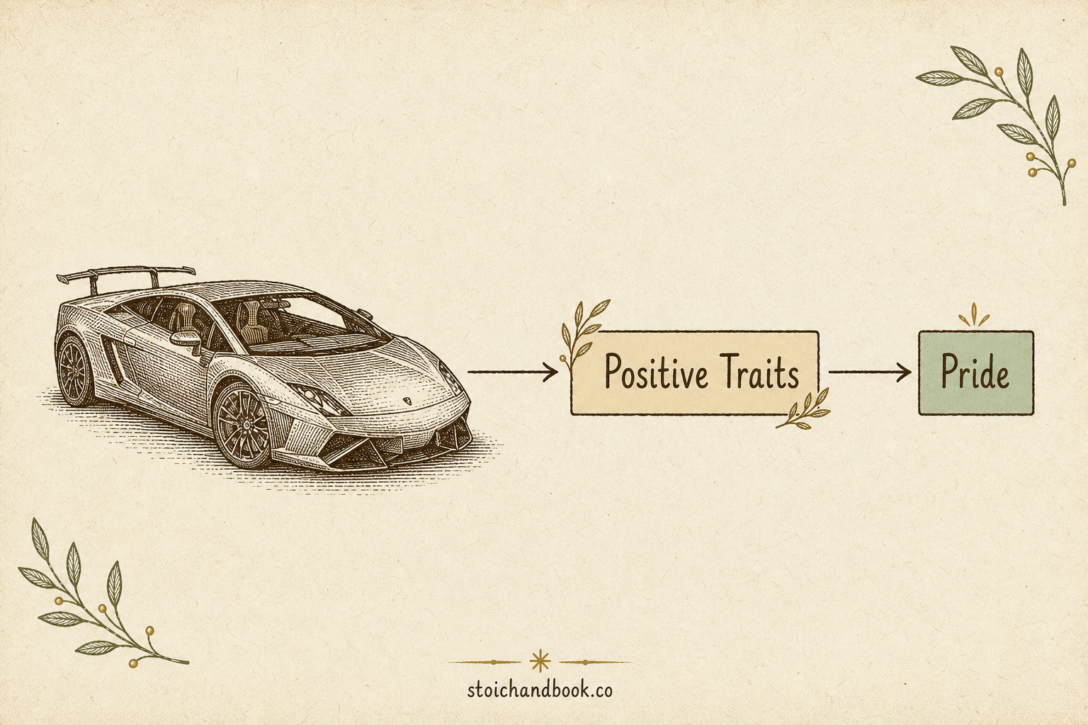 Flowchart: a sports car's positive traits leading to pride, illustrating pride over things that are not yours