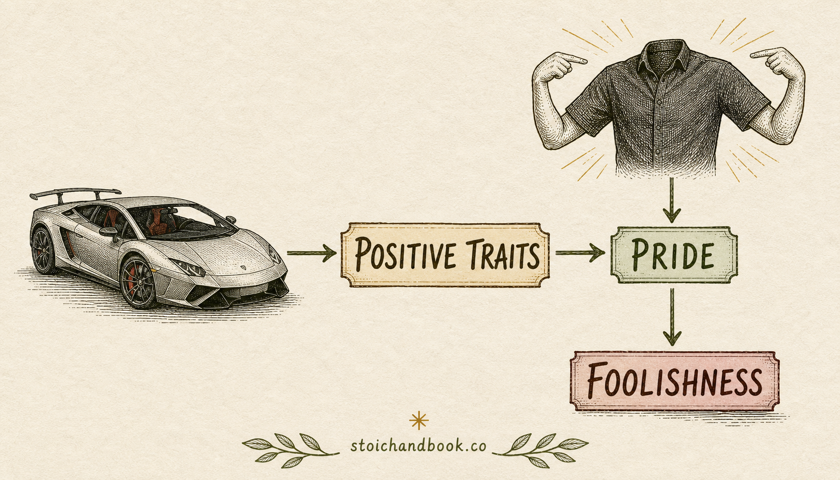 Flowchart: a man taking pride in a sports car's traits, leading from pride to foolishness