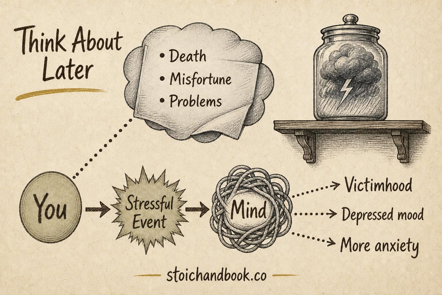 Flowchart showing how postponing thoughts of death, misfortune and problems can turn a stressful event into victimhood, low mood and more anxiety.
