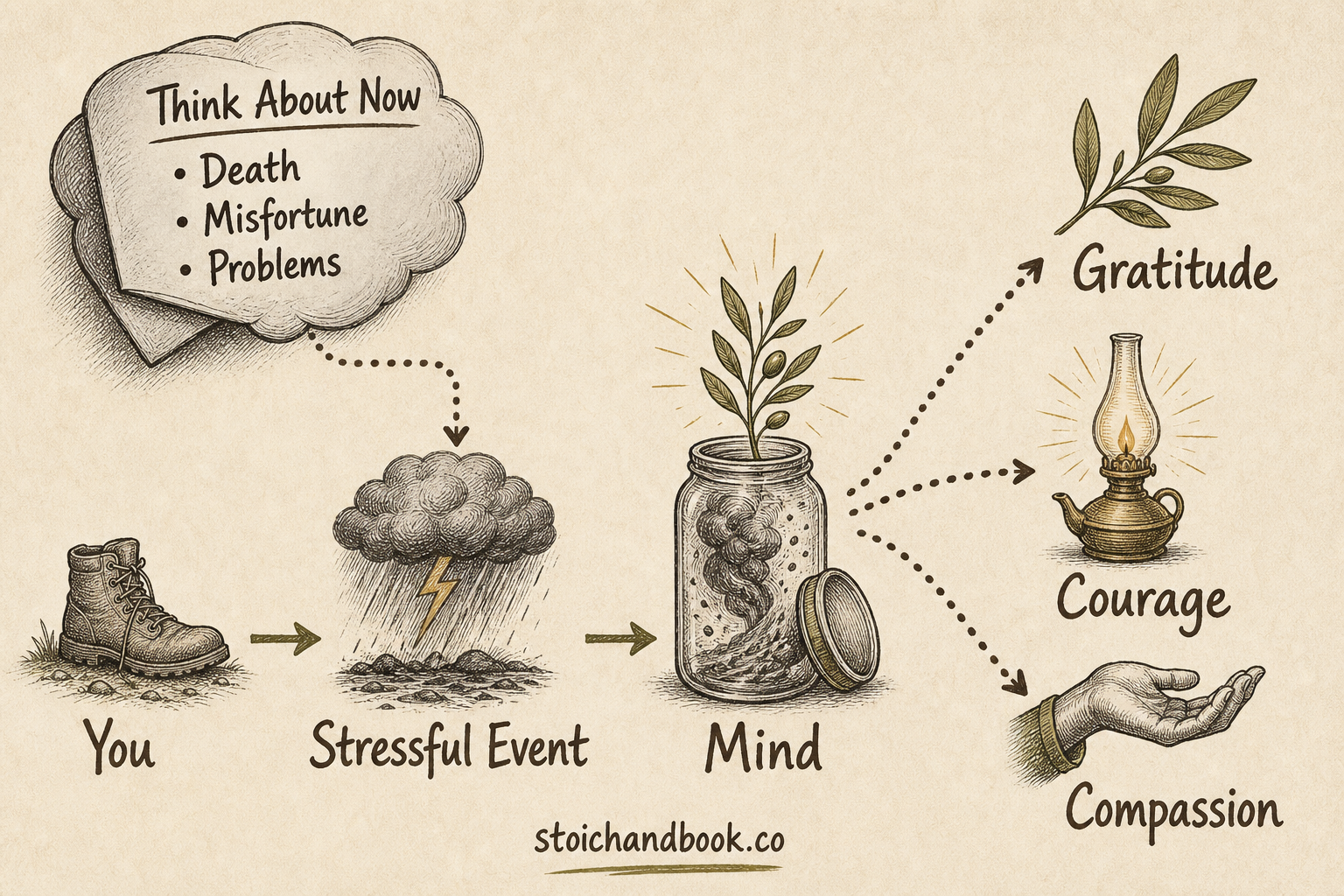 Flowchart showing how facing death, misfortune and problems now can turn a stressful event into gratitude, courage and compassion.