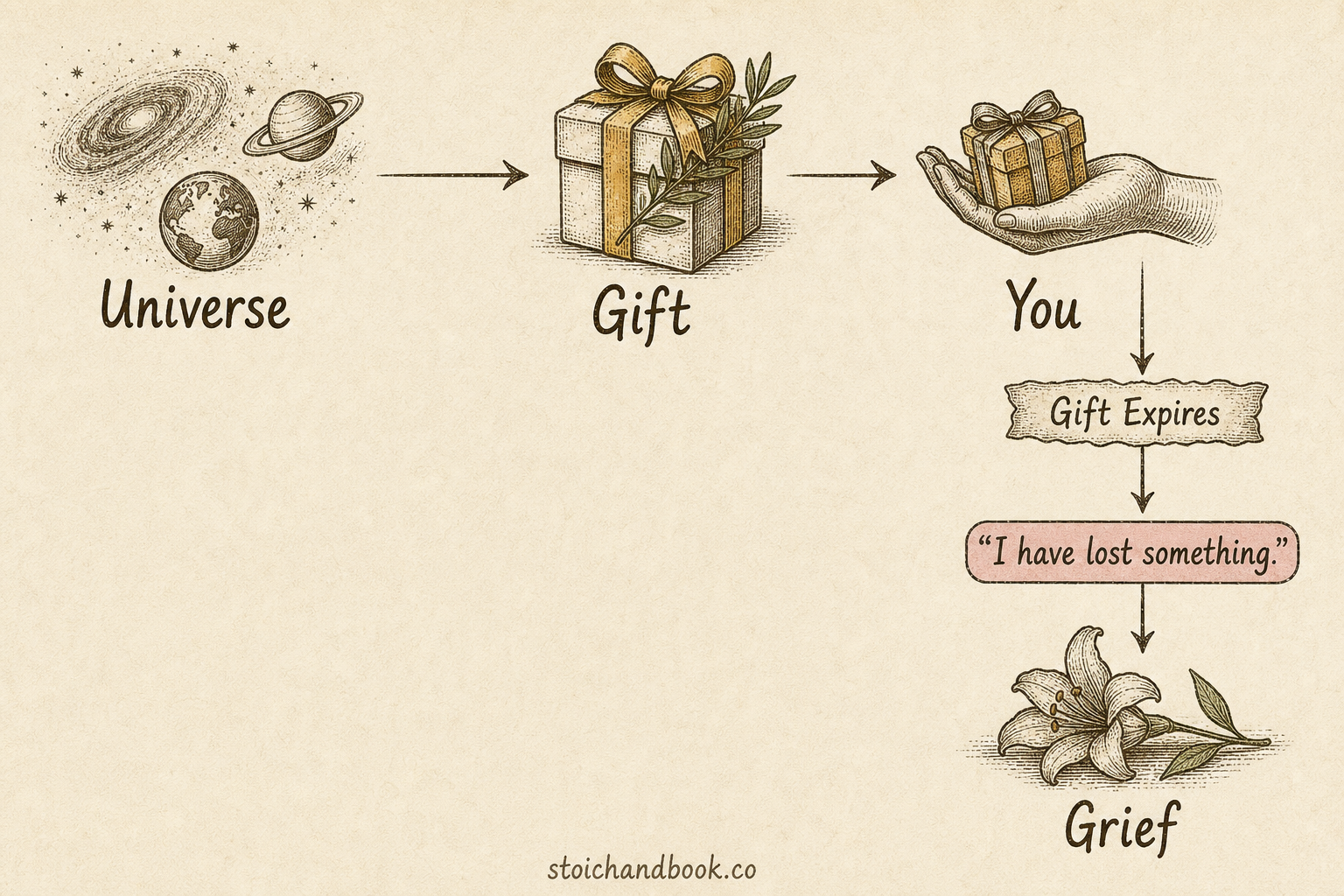 Flowchart: the universe gives you a gift, the gift expires, and thinking "I have lost something" leads to grief