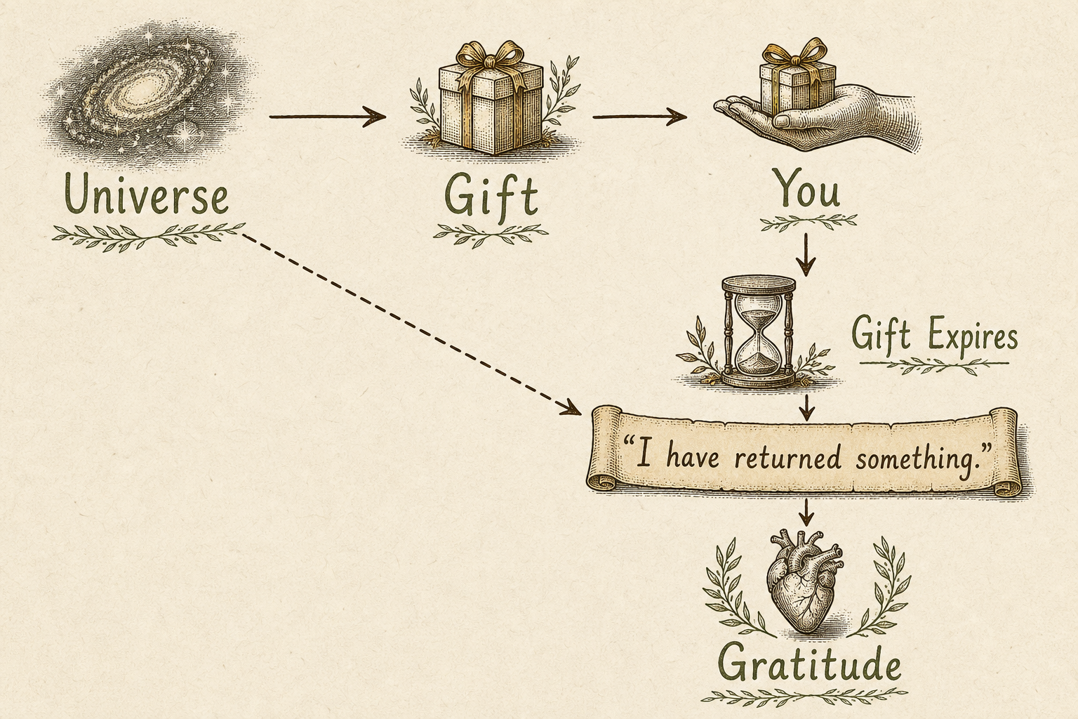 Flowchart: reframing loss as the gift being returned to the universe, leading to gratitude instead of grief