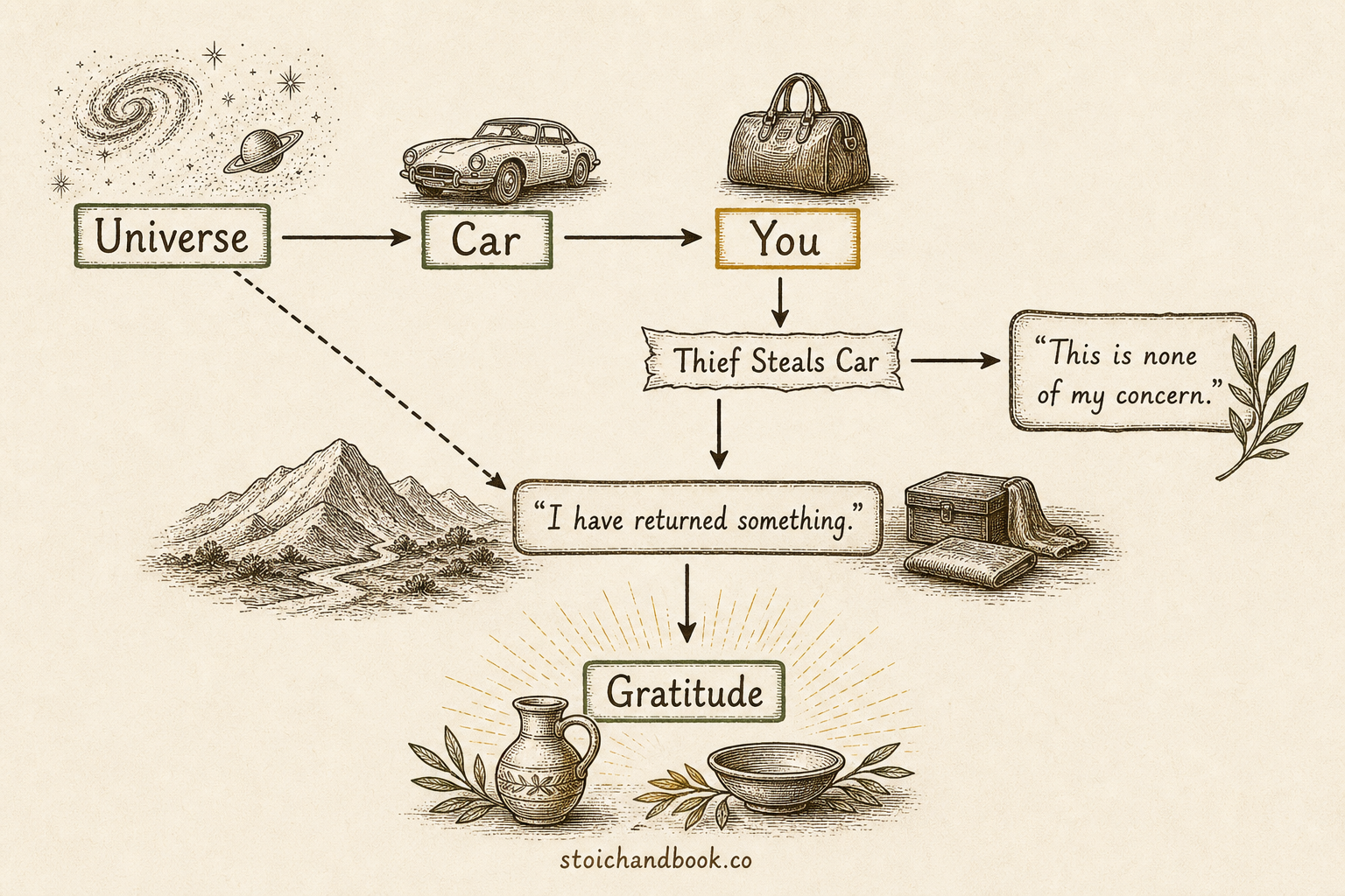 Flowchart applying the reframe to a stolen car: a thief takes it, but it was only returned, so the response is gratitude not concern