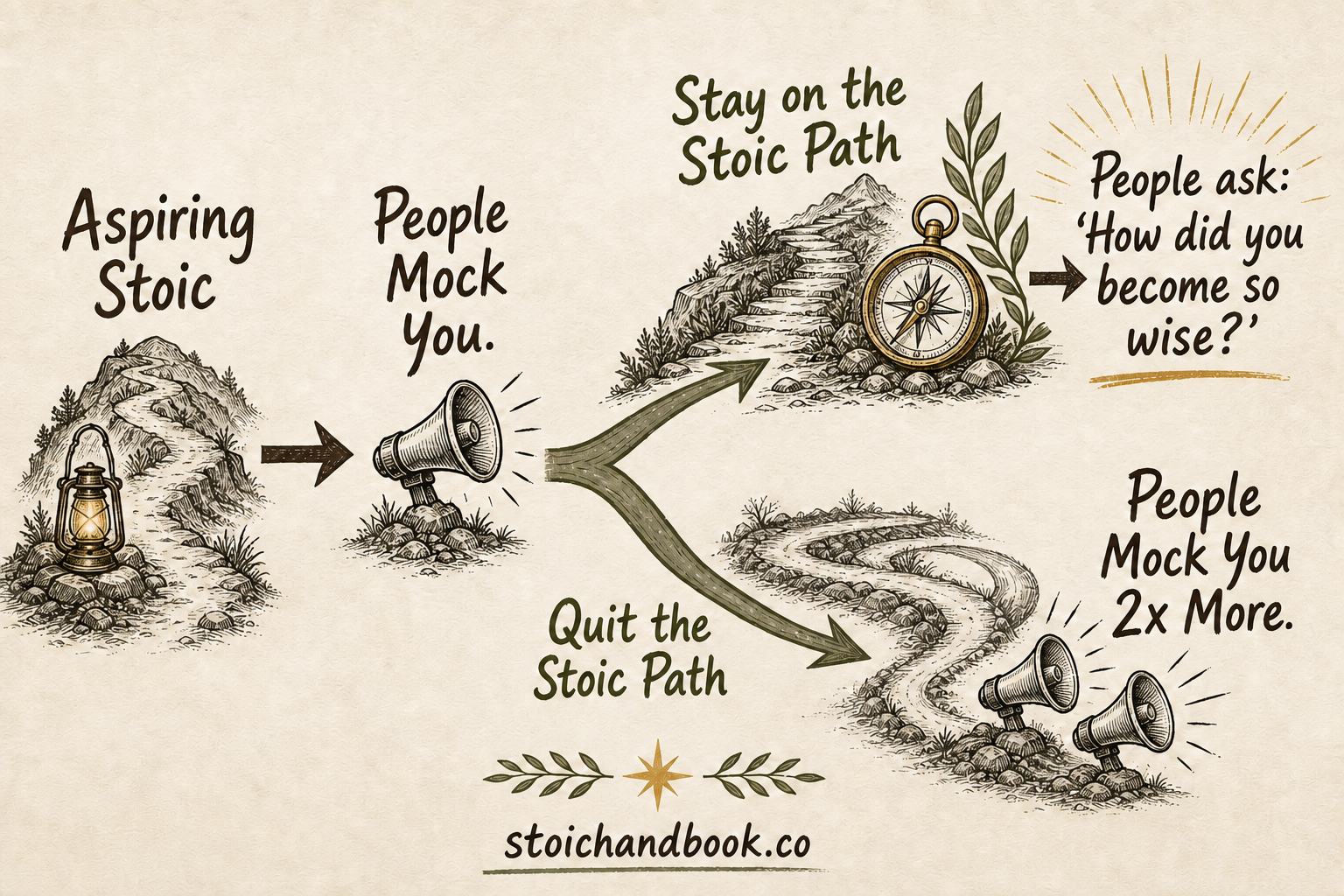 Flowchart showing that an aspiring Stoic who stays on the path despite mockery becomes respected, while quitting invites more mockery.