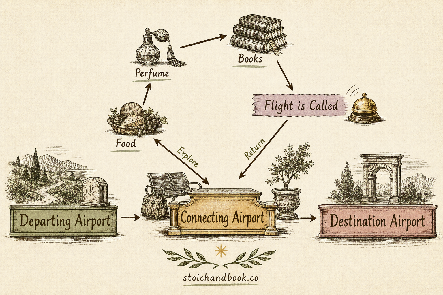 Flowchart of the airport-of-life analogy: departing, connecting and destination airports, exploring perfume, books and food until the flight is called