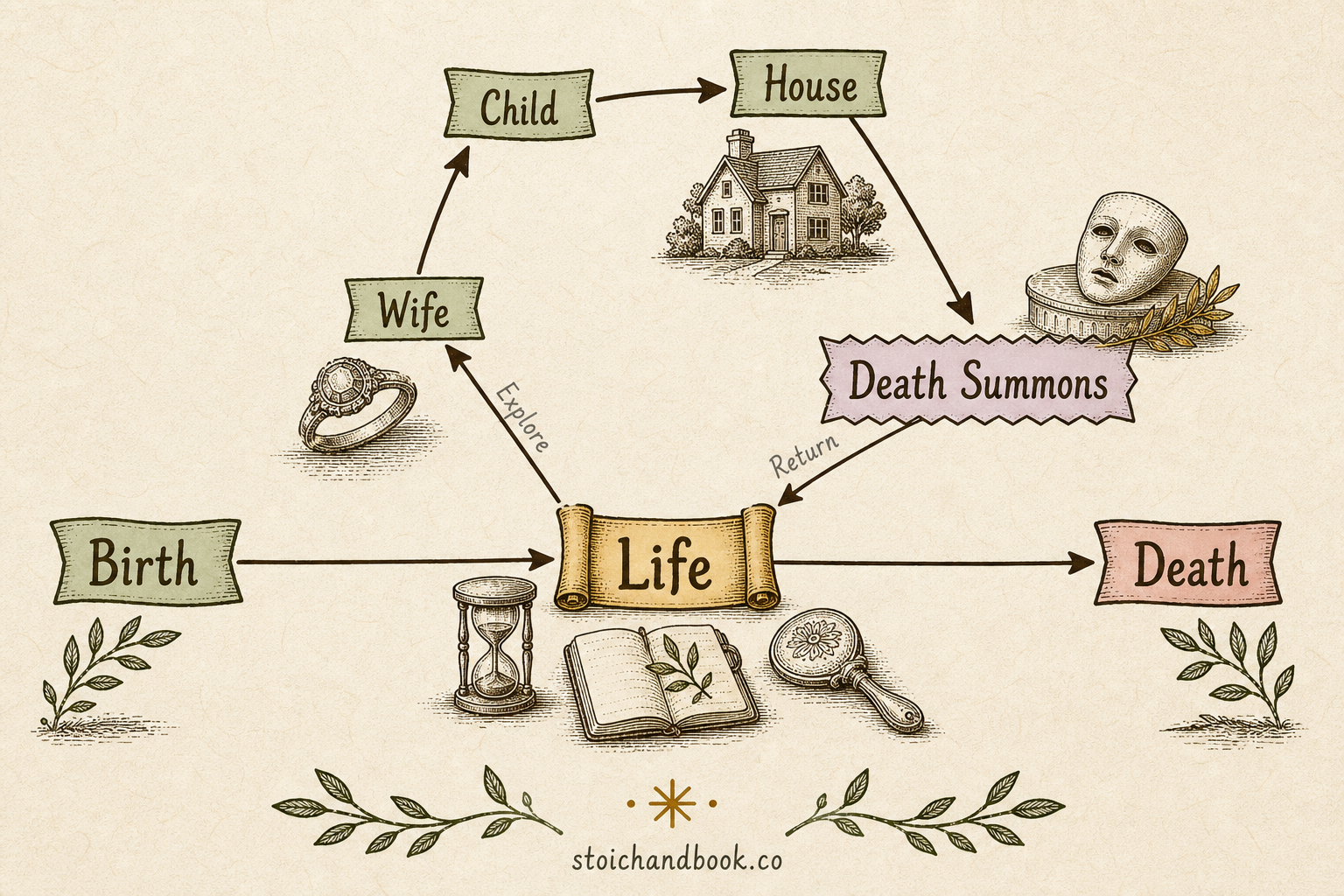 Flowchart of the life analogy: from birth through life to death, exploring a wife, child and house until death summons you to return