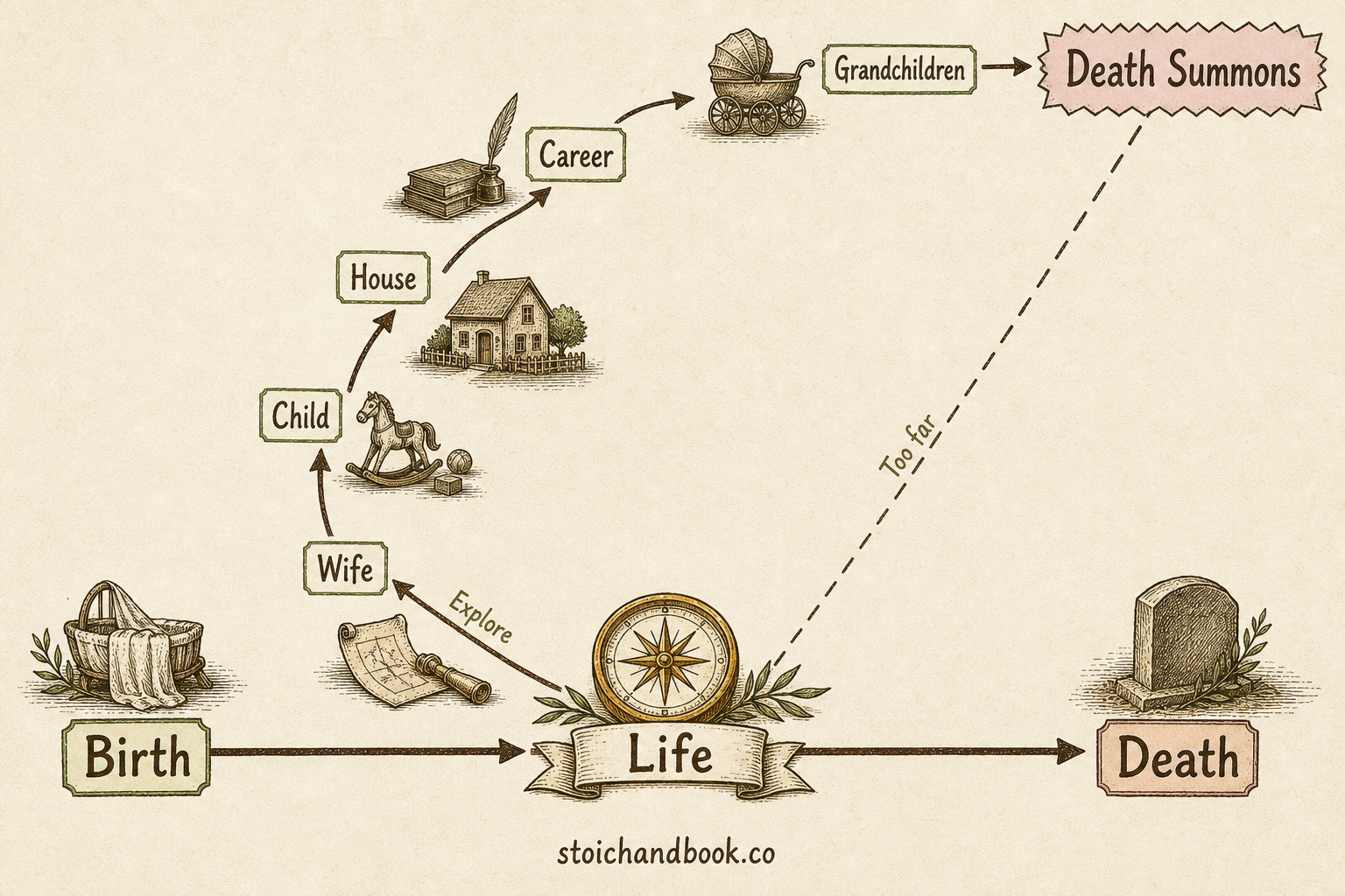 Flowchart of wandering too far in life: exploring wife, child, house, career and grandchildren, straying far when death summons