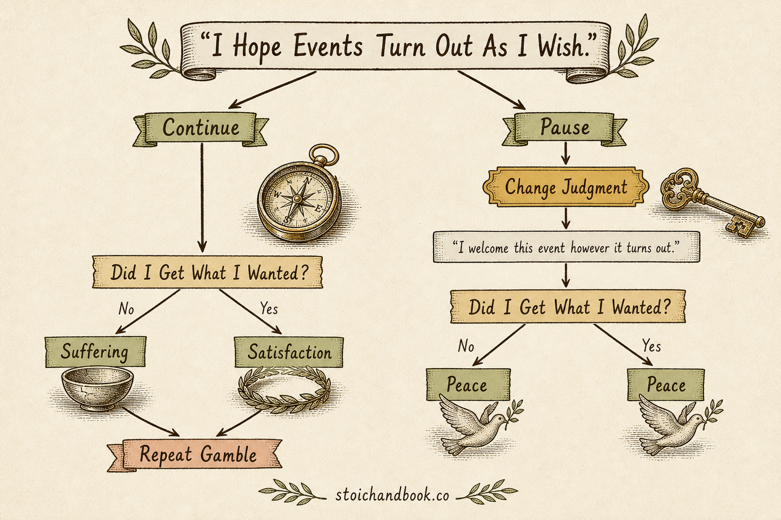 Flowchart comparing hoping events go your way (suffering or satisfaction, a repeated gamble) with welcoming whatever happens (peace either way)