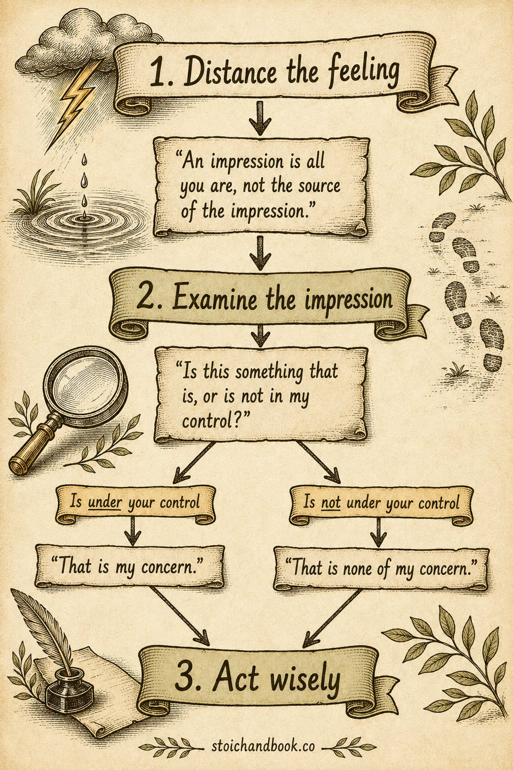 Flowchart for handling an impression: distance the feeling, examine whether it is in your control, then act wisely.