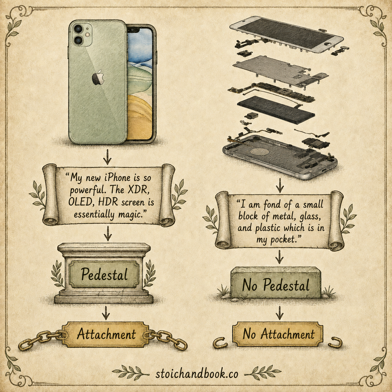 Diagram contrasting an iPhone placed on a pedestal with the same device viewed as ordinary metal, glass and plastic, creating attachment or non-attachment.