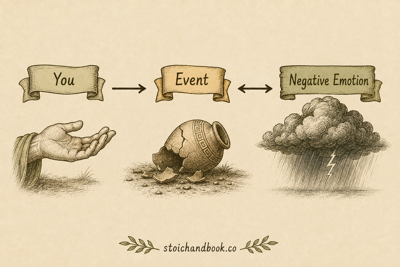 Diagram of the incorrect view of emotion: You, Event and Negative Emotion linked directly, with a storm cloud