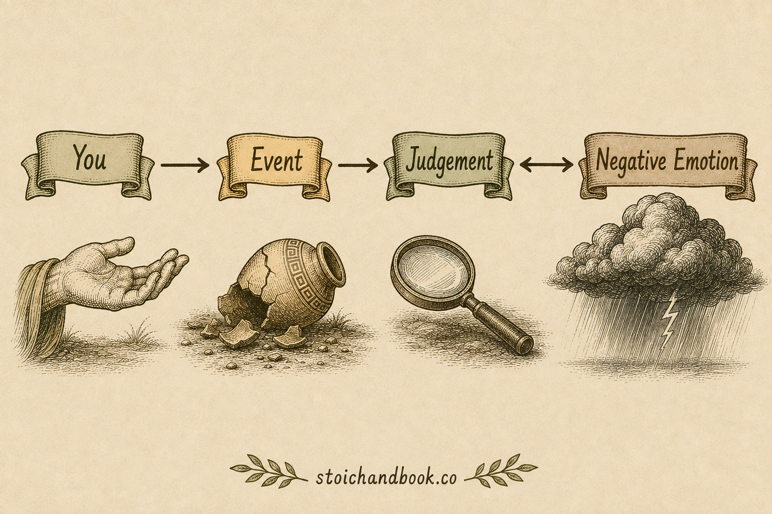 Diagram of the correct view of emotion: You, Event, Judgement, then Negative Emotion — the judgement, not the event, causes the emotion
