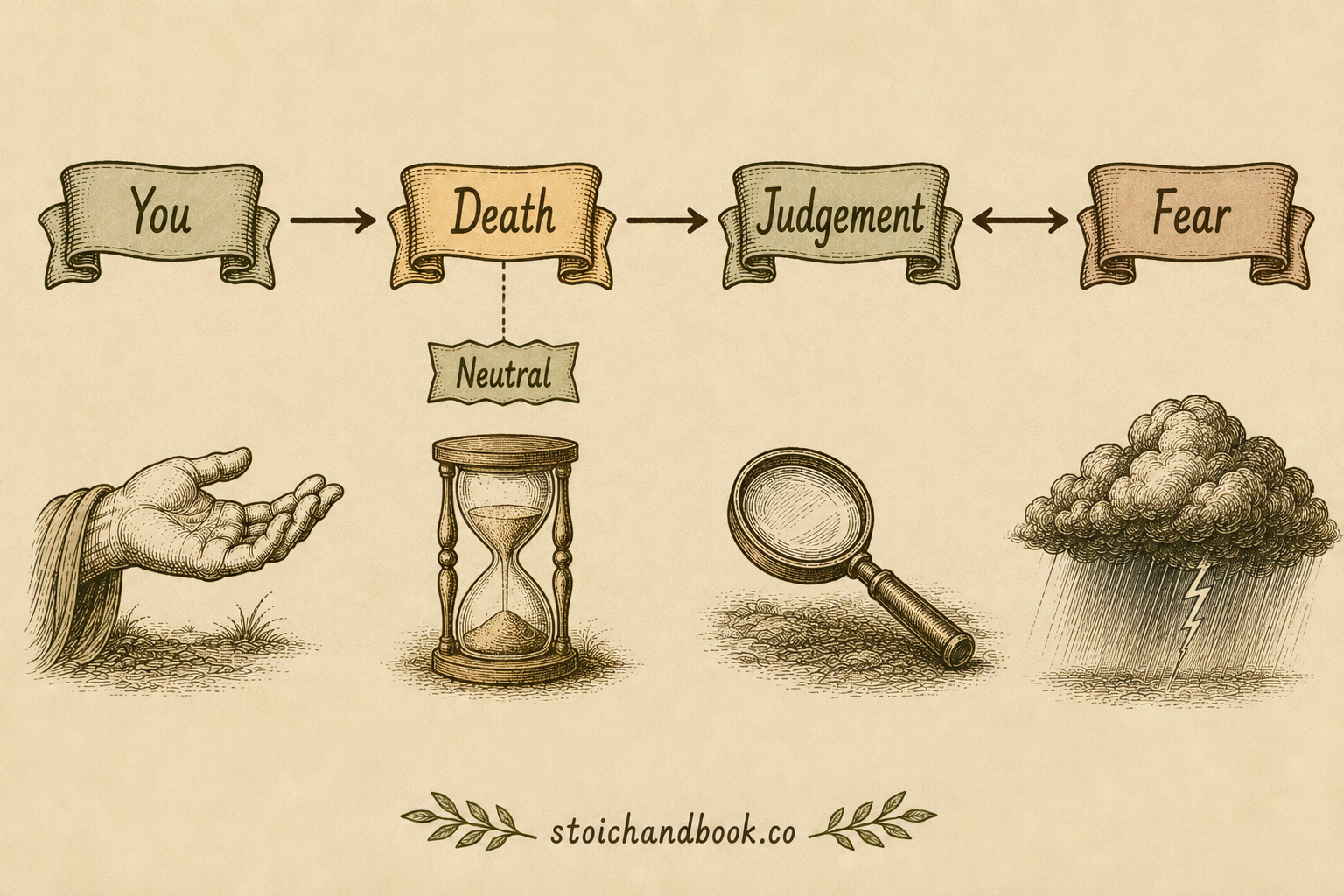 Diagram applying the model to death: You, Death, Judgement, then Fear, with death itself shown as neutral