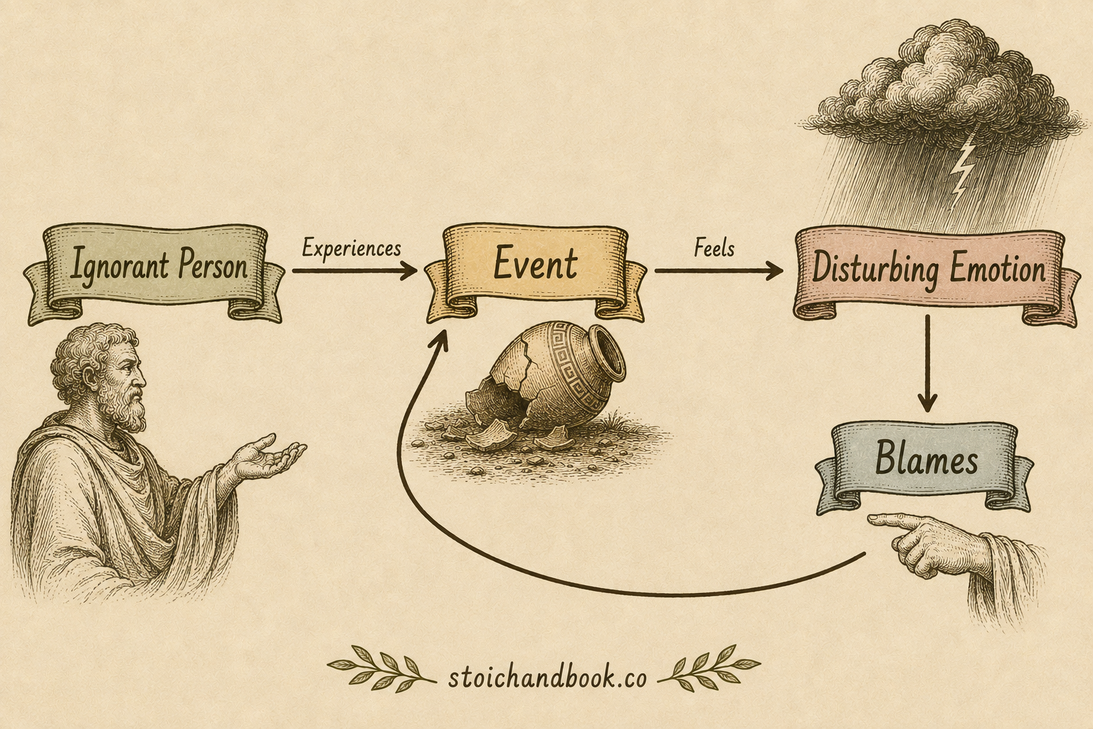 Diagram of the ignorant person: experiences an event, feels a disturbing emotion, and blames the event, looping back