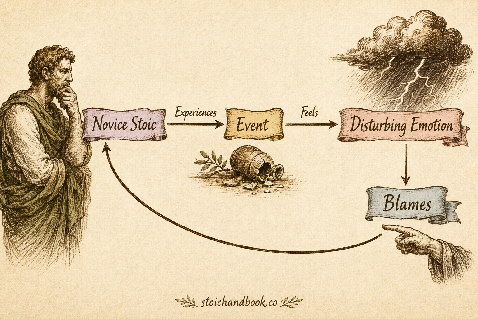 Diagram of the novice Stoic: experiences an event, feels a disturbing emotion, and blames oneself, looping back