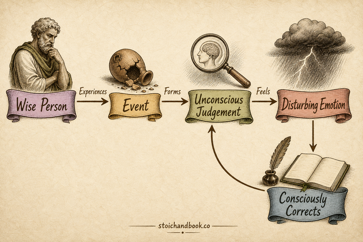 Diagram of the wise person: forms an unconscious judgement about an event, feels a disturbing emotion, then consciously corrects the judgement