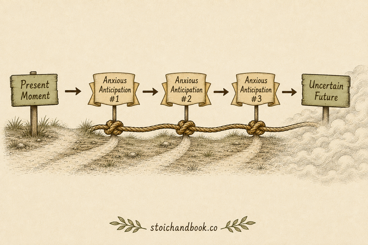Flowchart showing anxious anticipation accumulating between the present moment and an uncertain future.