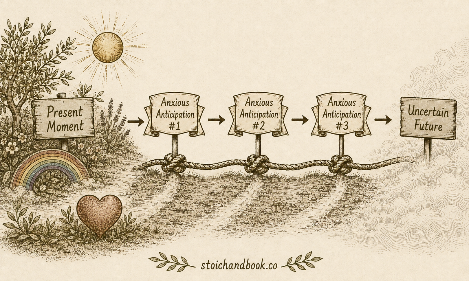 Flowchart showing sources of joy in the present moment beside anxious anticipation about an uncertain future.