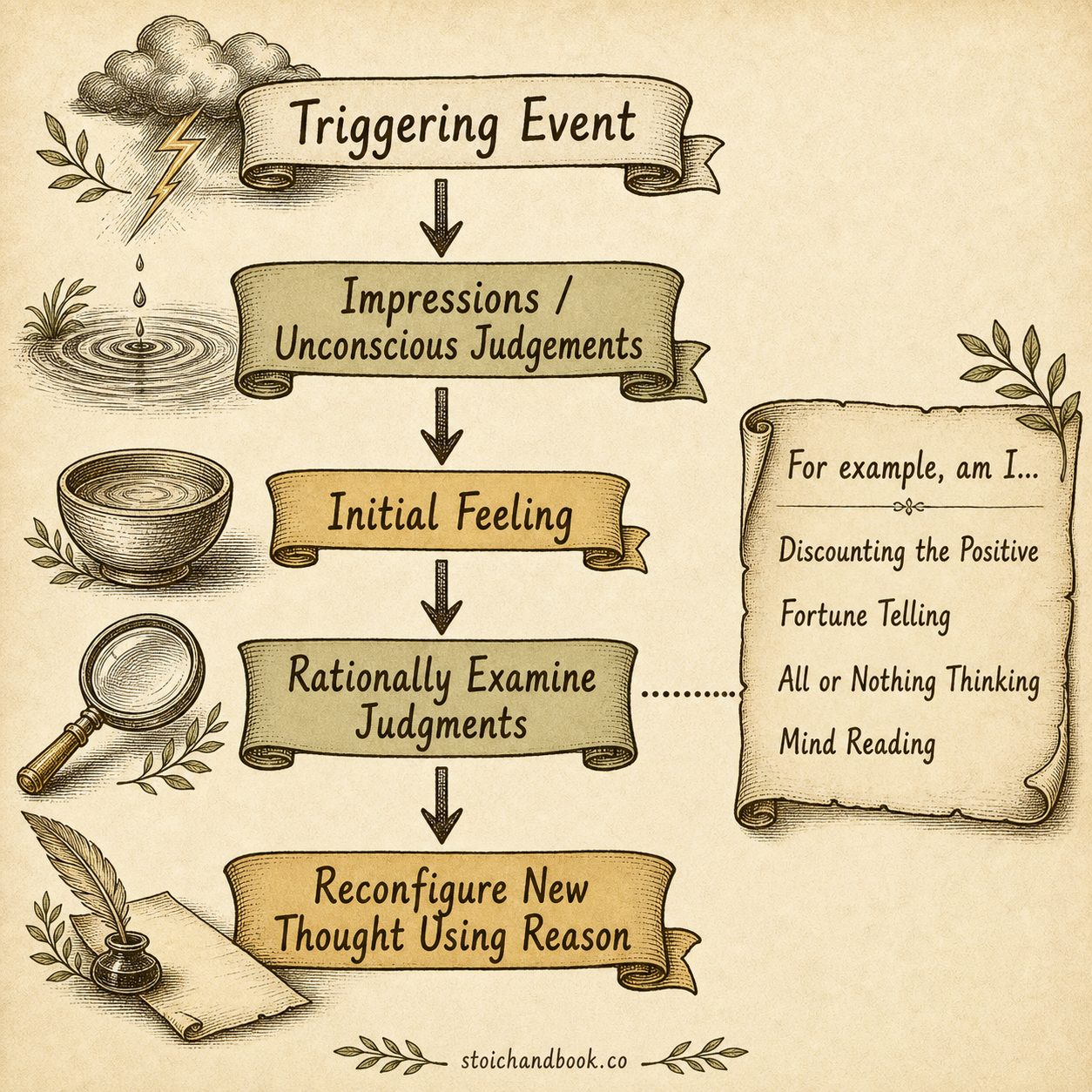 Flowchart for examining anxiety: move from a triggering event and unconscious judgement through the initial feeling to a reasoned new thought.