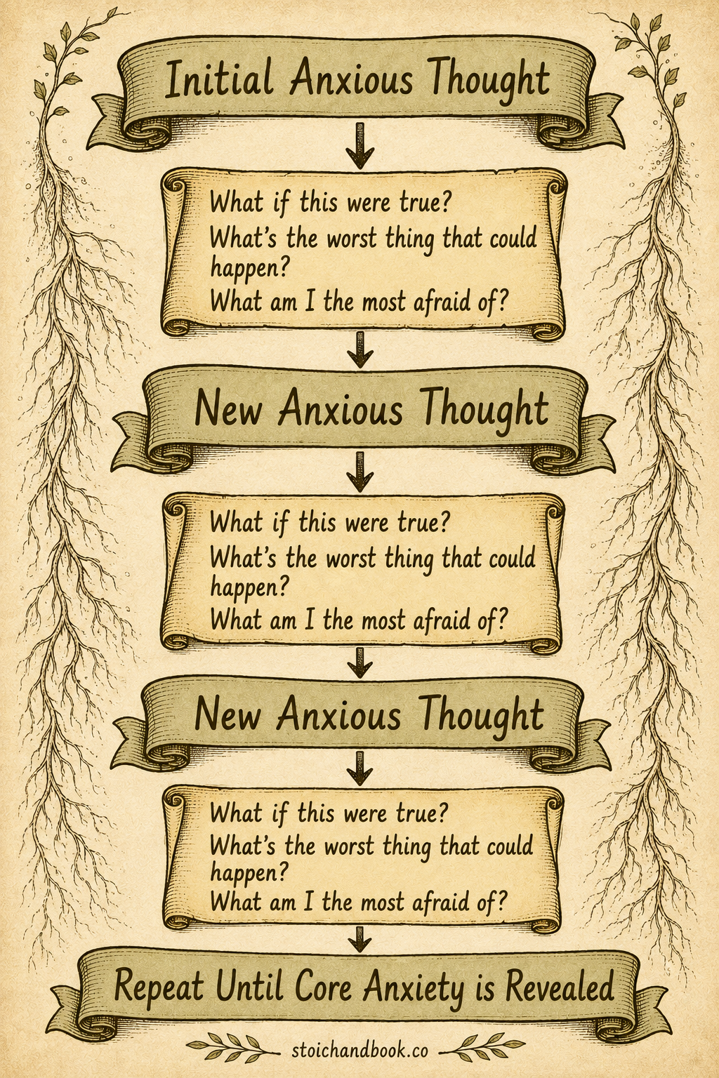 Flowchart of the What If technique: repeatedly asking what if a fear were true until the core anxiety is revealed