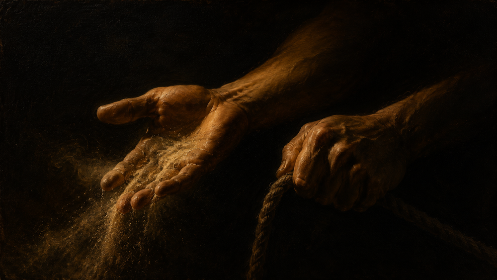 One hand lets sand fall while the other grips a rope, painted in warm light against darkness.