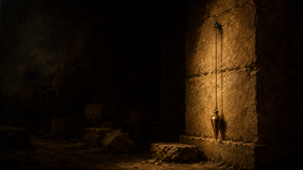 A brass plumb bob hangs against a stone wall in warm light.