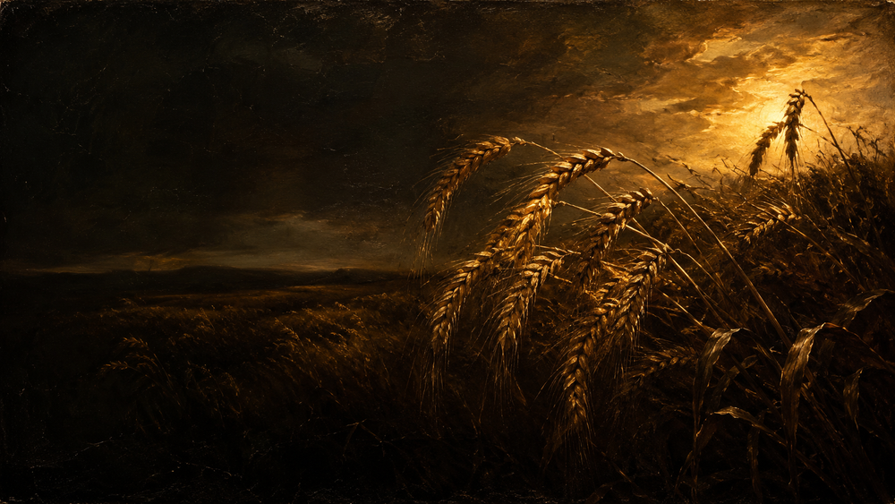 A painterly image of a bearded man standing in a golden wheat field under a bright sky