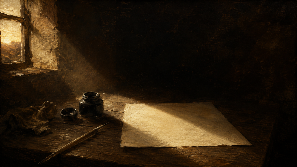 A surreal portrait of a man whose head is formed of scattered papers framing a sunrise landscape