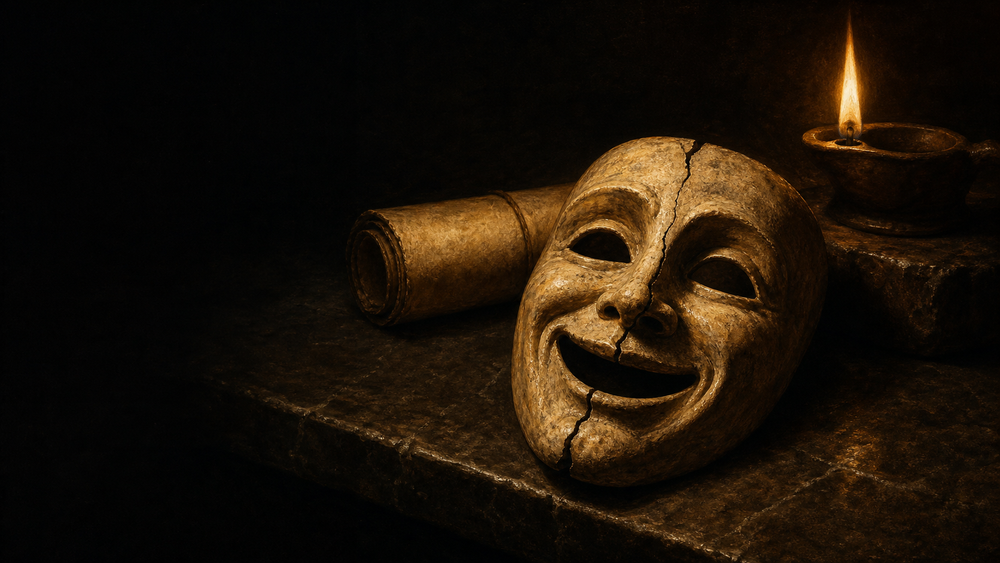 A cracked comedy mask beside a scroll, illustrating the investigation of a false Epictetus quote
