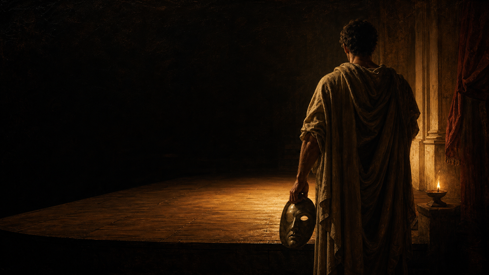 A robed actor holding a mask at the edge of an ancient stage, illustrating Stoic role ethics