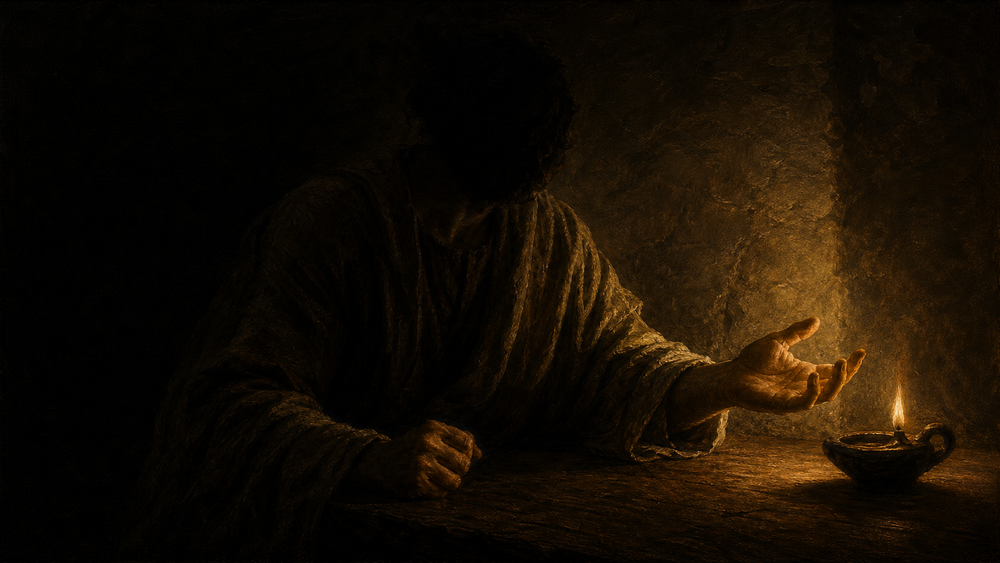 A robed figure opening a clenched hand beside an oil lamp, illustrating apatheia as release from destructive passion