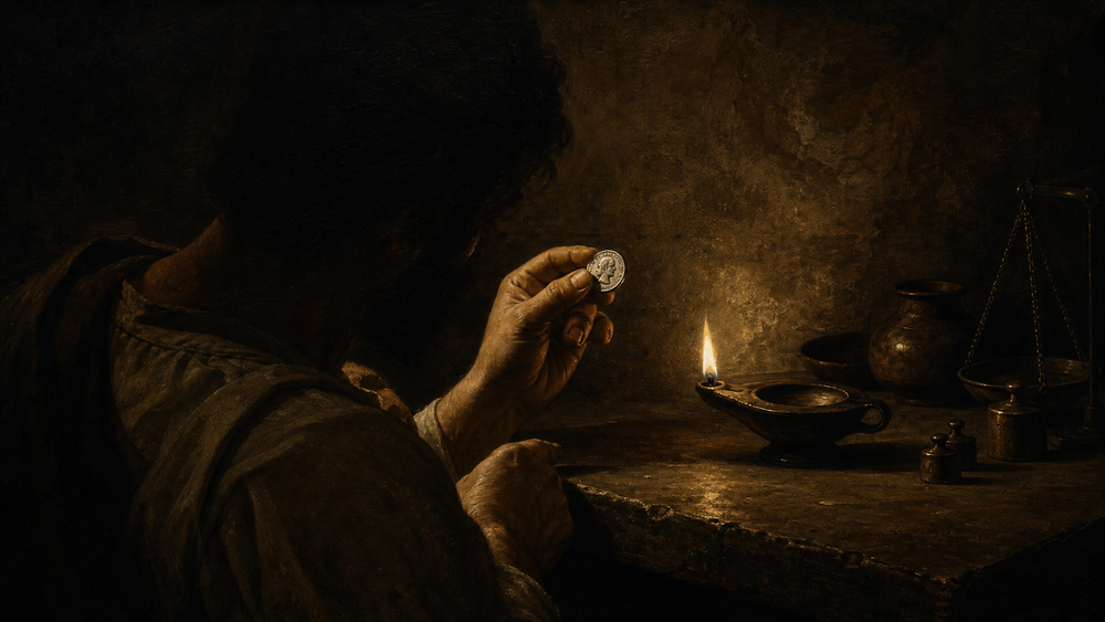 An ancient money changer testing a silver coin under an oil lamp