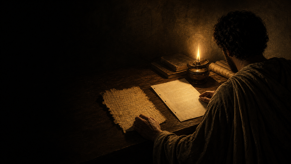 A researcher comparing an ancient fragment with a modern typed script by lamplight