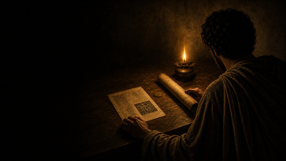 A researcher comparing a Roman scroll with an early twentieth-century printed maxim by lamplight