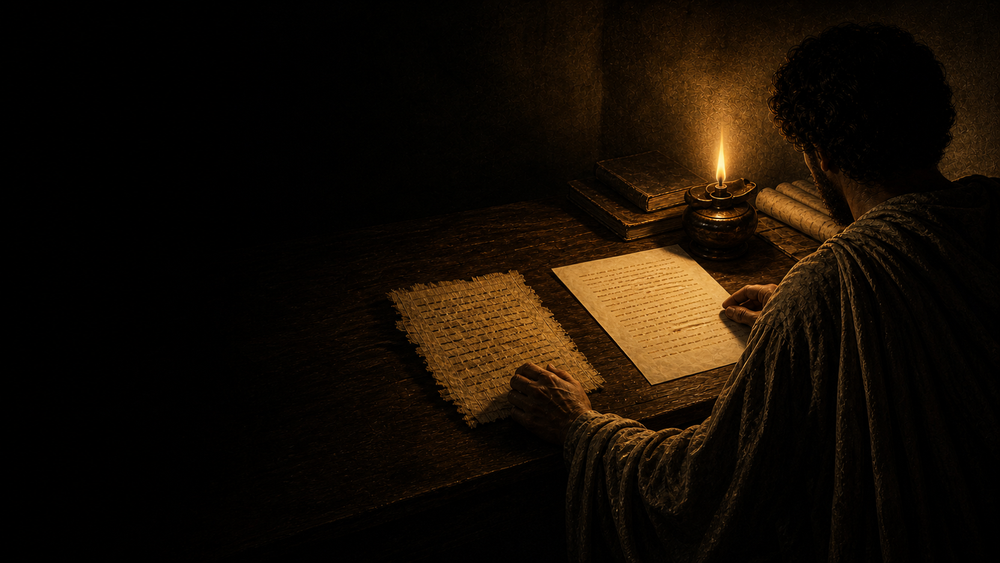 A robed researcher compares an ancient papyrus with a newer sheet beside an oil lamp