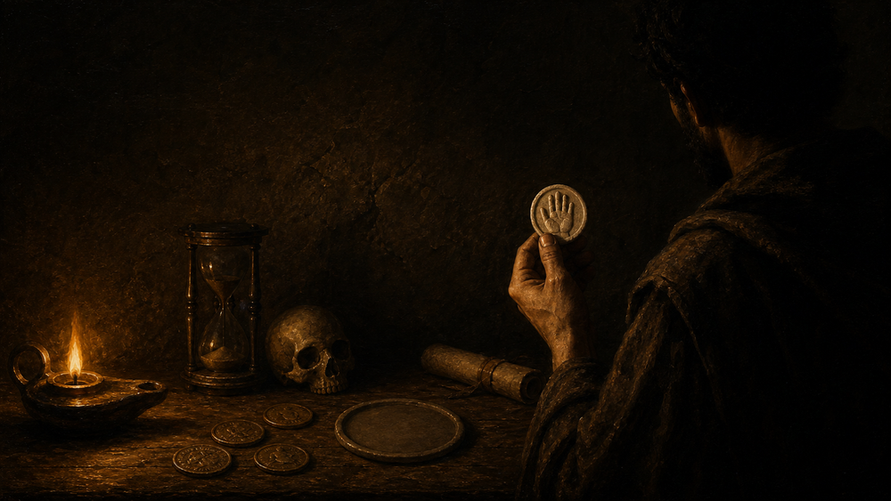 A robed researcher examines an open-hand token beside an hourglass, skull and blank seal by lamplight