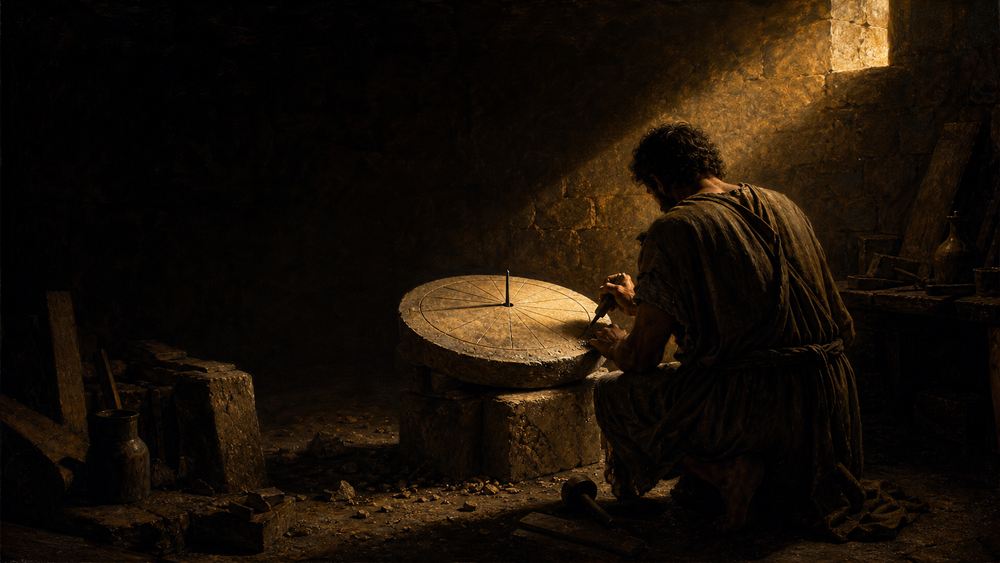 A solitary Roman stoneworker finishing a sundial by lamplight before nightfall