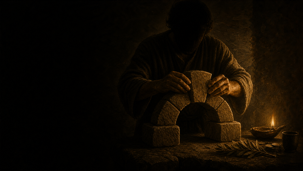 A faceless craftsperson setting a keystone in a stone arch while coins and laurel remain outside it