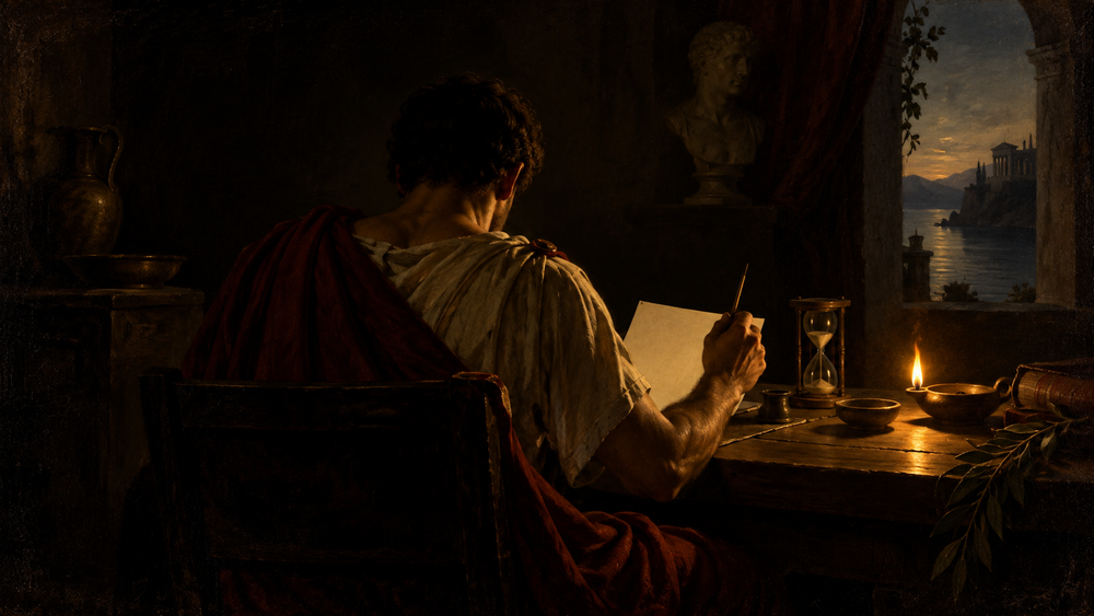 A Roman writer seen from behind at a lamp-lit desk, holding a blank-facing letter beside an hourglass.